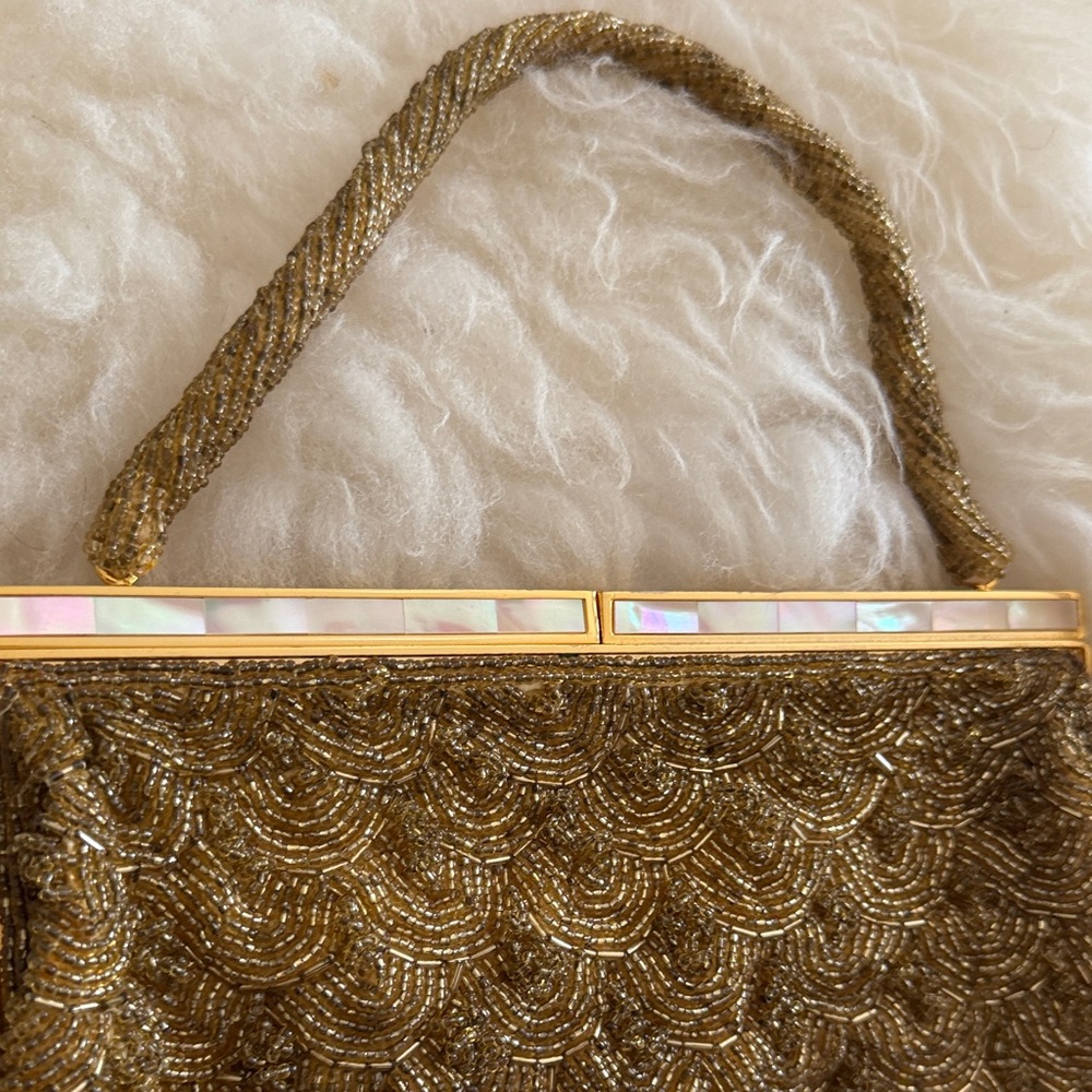 Vintage Gold Beaded Evening Clutch with Top Handle & Mother-of-pearl inlay snap - Picture 3 of 7
